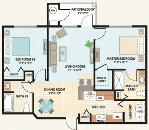 2 Bedroom Floor Plan at Hunt Club Apartments in Tampa FL